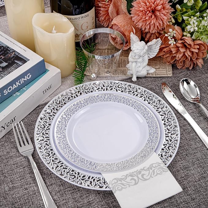 WELLIFE 210pcs Dinnerware Set - Silver Rimmed Plastic Plates Disposable Heavy Duty, Disposable Plastic Plates with Silver Rim, Water-proof, Break-proof, Best Choice for Any Party