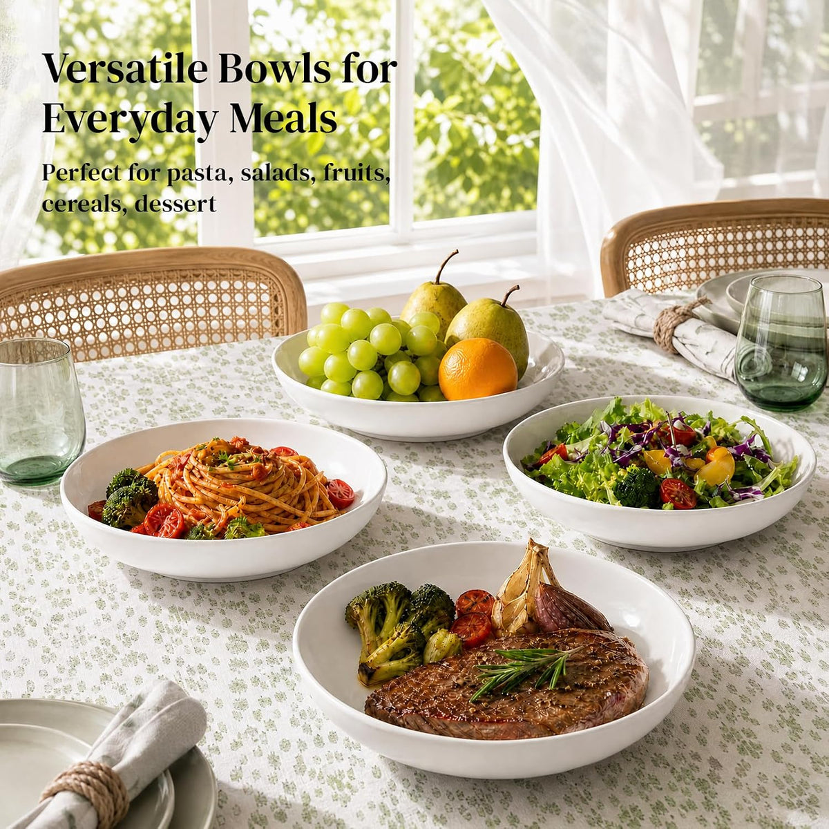 Y YHY Pasta Bowls Set of 6, High-Fired Porcelain White Salad Bowls 30 oz Wide...