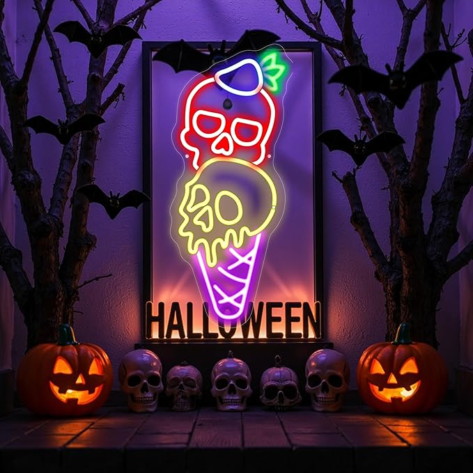 Halloween Ice Cream Skull Neon Sign, Quirky Gothic LED Wall Art,Skull Neon Light Ice Cream Neon Lighht Halloween Decor Wall Halloween Neon Sign Coffee Shop Decor, Christmas Party Bar Drink Shop-Red
