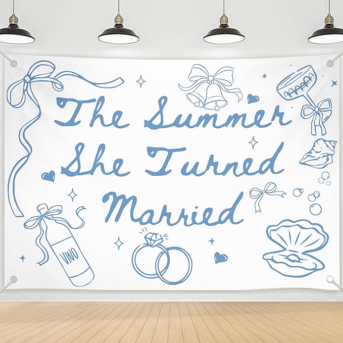 The Summer She Turned Married Backdrop - Beach Wedding Party Decorations - Bridal Shower Bachelorette Party Background Blue