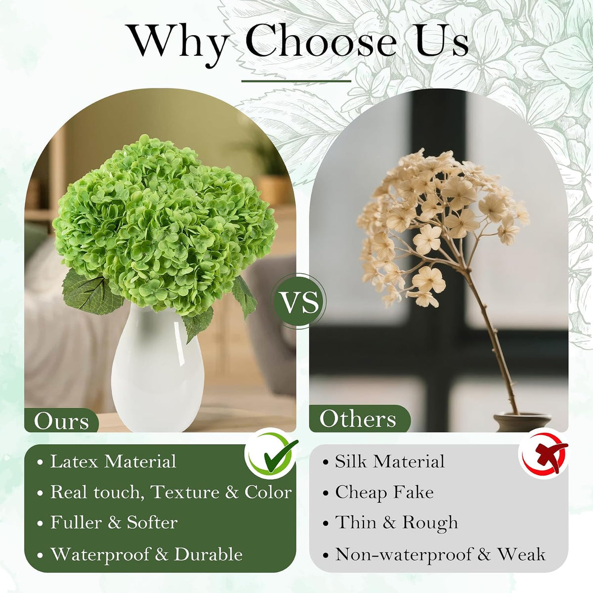 green hydrangea artificial flowers, latex real touch hydrangeas showing dimensions