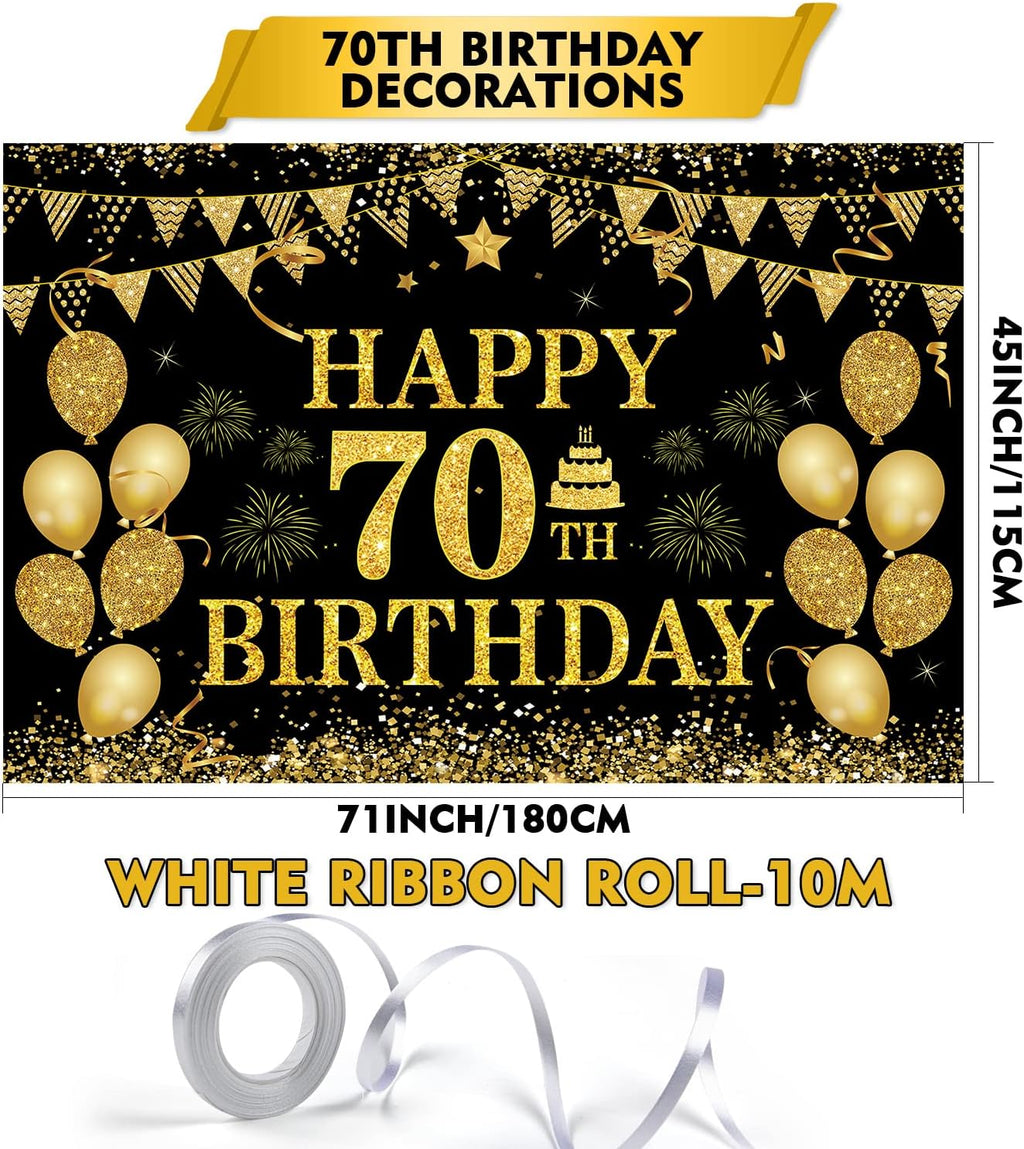 70th Birthday Decorations Happy 70th Birthday Banner for Men Women Black Gold 70 Years Birthday Party Decorations Background for Home Birthday Decor(71 x 45 inch)