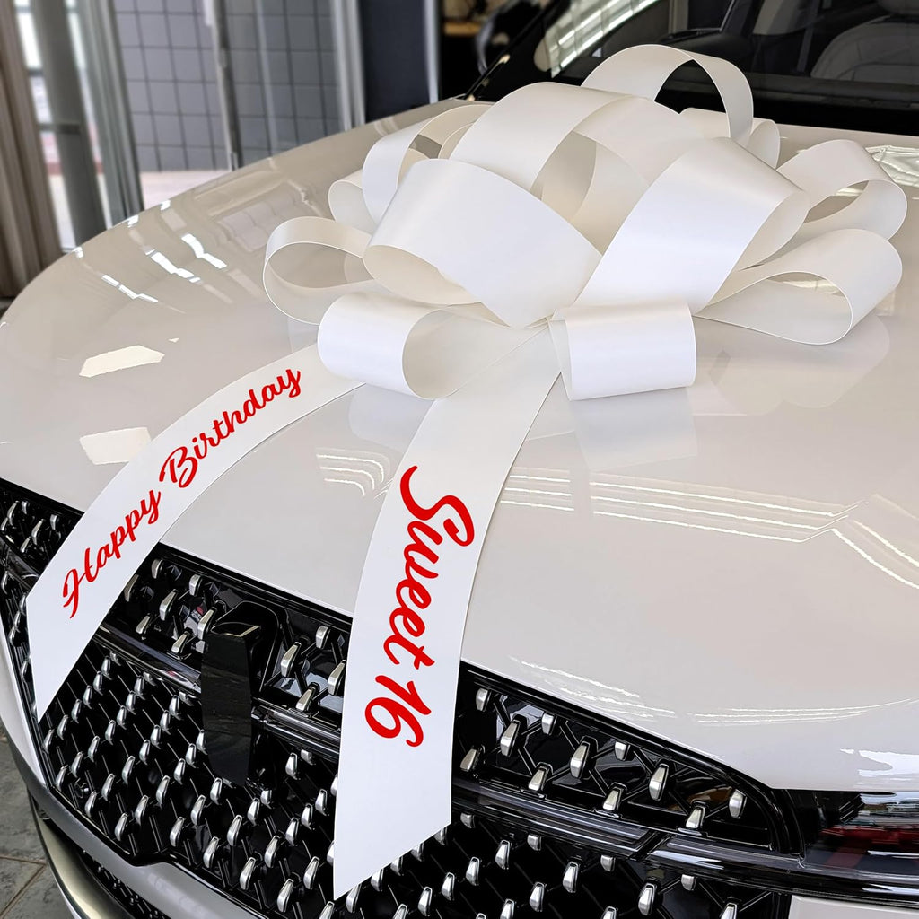 CarBowz Big Car Bow, Sweet 16 Happy Birthday, Giant 30" Bow, Non Scratch Magnet, Weather Resistant Vinyl White