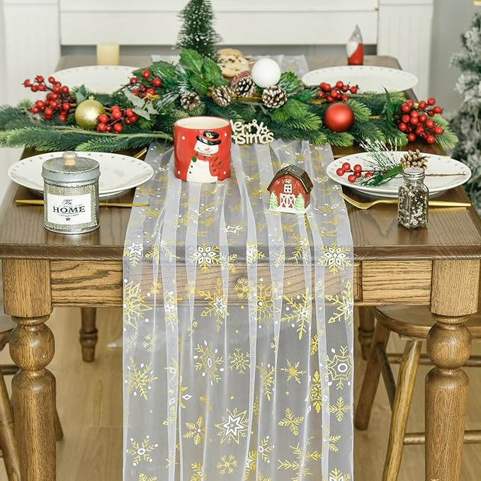 Artoid Mode Gold Snowflakes Christmas Gauze Table Runner 120 Inch 10FT, Winter Seasonal Sheer Dining Holiday Wedding Table Decor for Home Party