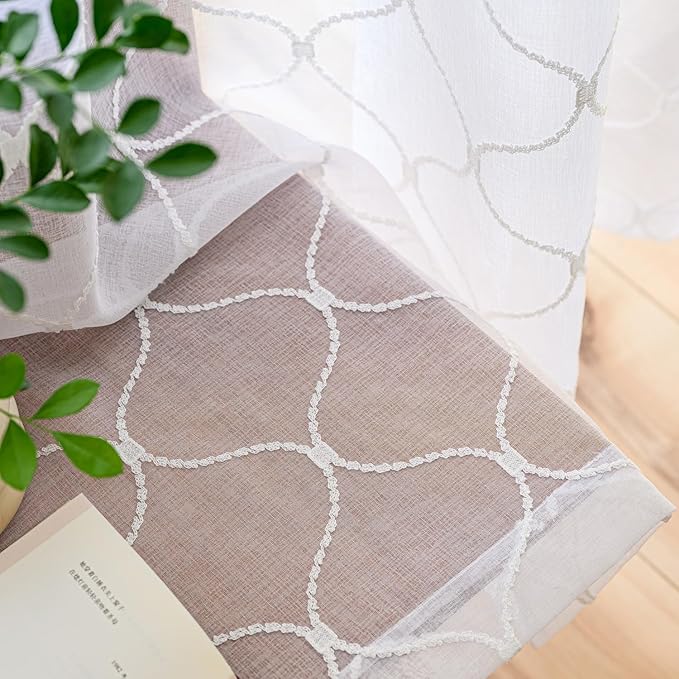 MYSTIC-HOME Embroidery White Sheer Curtains 84 Inches Long, Rod Pocket Sheer Drapes for Living Room, Bedroom, 2 Panels, 52"x84", Semi Crinkle Voile Window Treatments for Yard, Patio, Villa, Parlor.