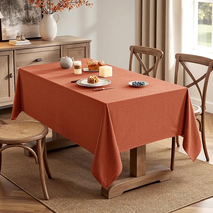 MIULEE Fall Tablecloth Burnt Orange Linen Cottton Table Cloth Rectangle Waterproof Spillproof Cross-Star Textured Decorative Farmhouse Style for Dining Party Weddings 60x84 Inch