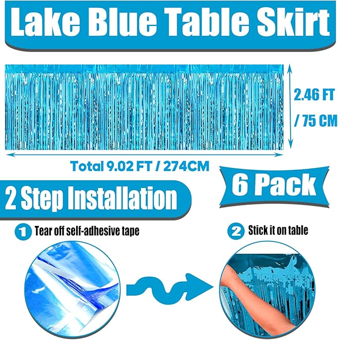 6 Pack 29x108 Inch Metallic Foil Fringe Tinsel Table Skirts Banner for Rectangle Tables Streamer Garland Curtains Backdrop for Wedding, Birthday, Parade Floats, Christmas Party Decoration(Lake Blue)