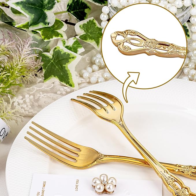 30PCS Gold Plastic Forks - 8.1inch Gold Forks Disposable - Vintage Heavy Duty Dessert Forks - Premium Fancy Plastic Silverware for Parties, Weddings, Dinners and Events