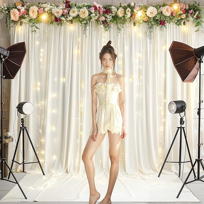 Ivory Backdrop Curtains with Lights for Baby Shower,10x10FT Wrinkle Free Ivory Drapes Photo Backdrop Curtains for Wedding Birthday Party Ceremony Photography Photoshoot Decorations-5ft x 10ft