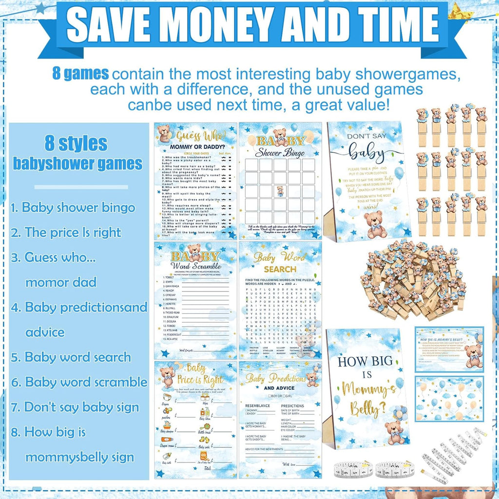 Funnymoom 426 Pcs Blue Theme Bear Baby Shower Decorations Games Set-8 Games Includes Bearly Wait Baby Shower Decorations Bingo Prediction and Advice How Big is Mommy's Belly Don't Say The Words