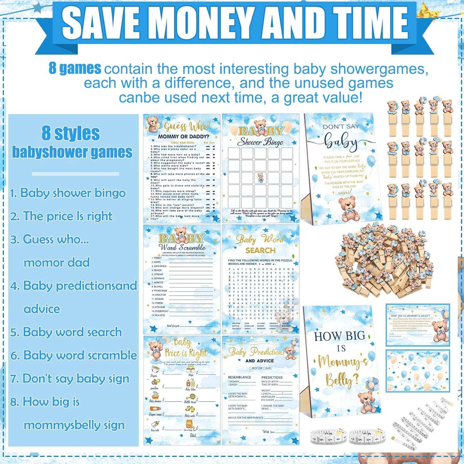 Funnymoom 426 Pcs Blue Theme Bear Baby Shower Decorations Games Set-8 Games Includes Bearly Wait Baby Shower Decorations Bingo Prediction and Advice How Big is Mommy's Belly Don't Say The Words