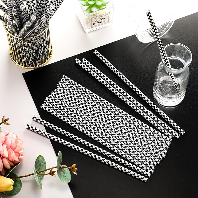 Domensi 50 Pcs Black and White Checkered Racing Straws Plastic Disposable Drinking Straws Hard Plastic Reusable Striped Flag Party Supplies for Race Car Sports Themed Birthday Decoration