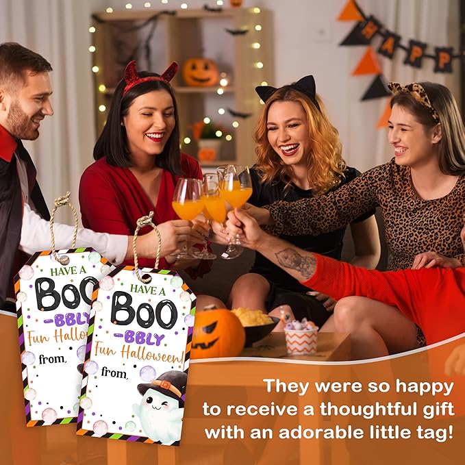 50 Pcs Halloween Tags with String, 2.1"×3.5" Ghost Paper Gifts Tags, Boo Trick or Treat for Candy, Halloween Gifts Tag Wrap for Party Favor - B07