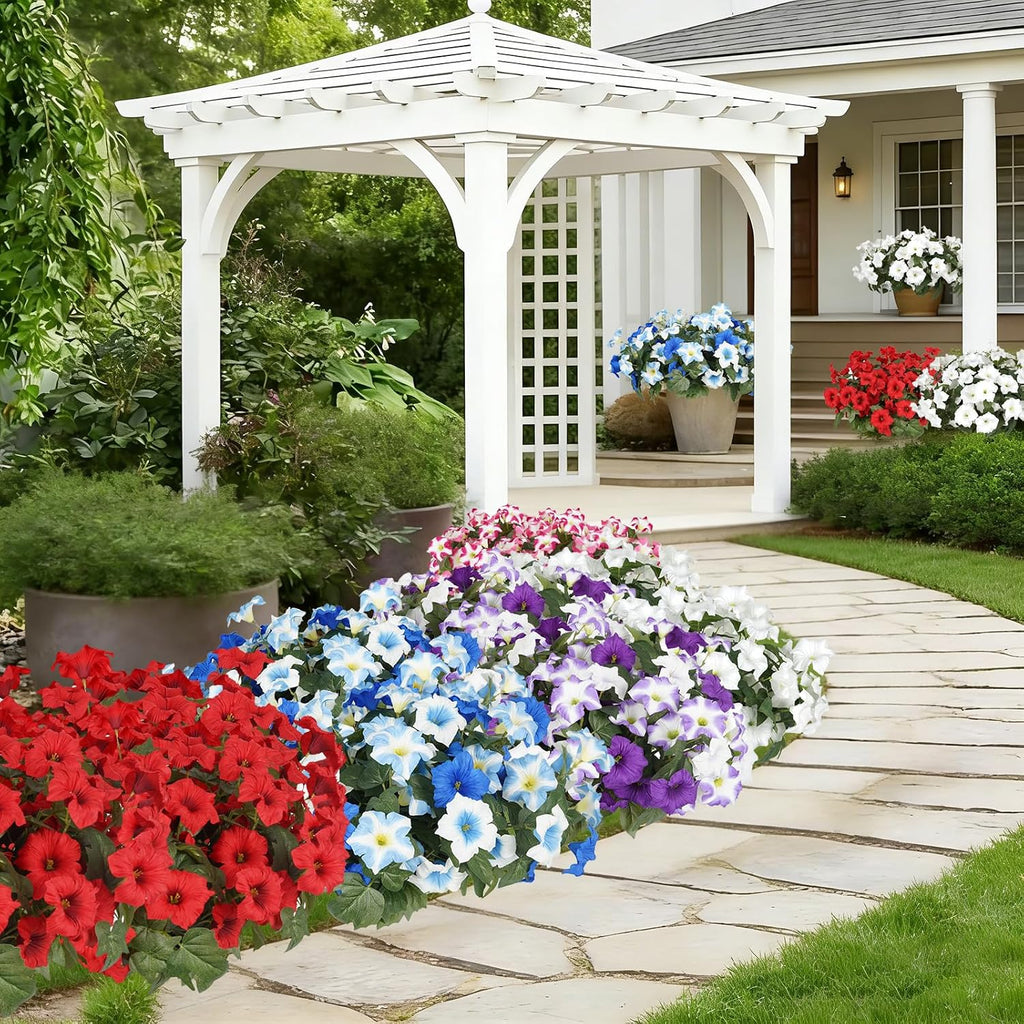 Artificial Flowers for Outdoors, Faux Petunias Spring Summer Decoration, Fake Flowers Plants UV Resistant Look Real Silk Flowers for Outside Planter Front Door Porch Patio Yard (6, Purple-White)