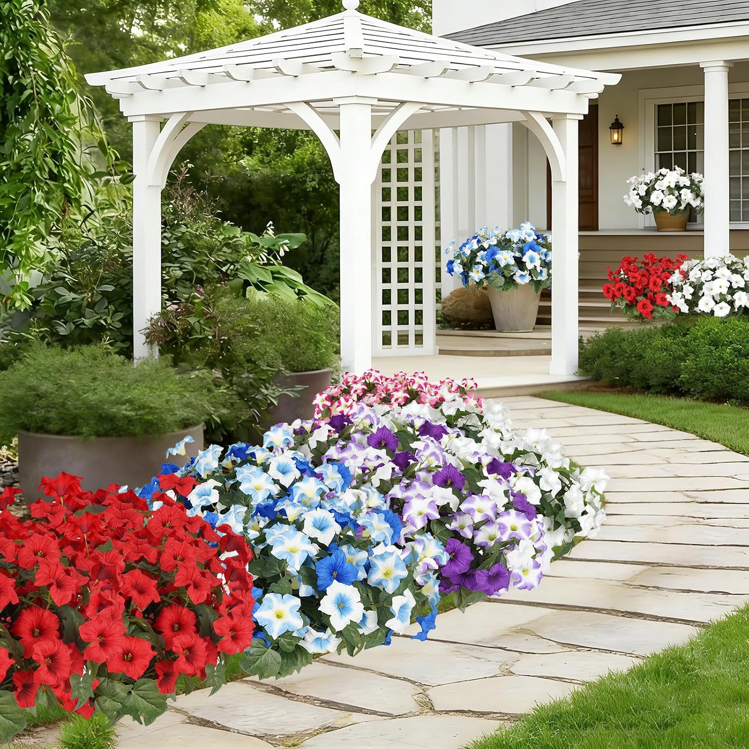 Artificial Flowers for Outdoors, Faux Petunias Spring Summer Decoration, Fake Flowers Plants UV Resistant Look Real Silk Flowers for Outside Planter Front Door Porch Patio Yard (6, Purple-White)