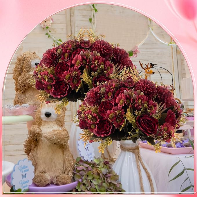 Tigeen Artificial Flowers Artificial Peonies Silk Flowers Faux Peony Fake Peony Silk Hydrangea Bouquet for Wedding Table Centerpiece Floral Vase Decor(Claret,12 Bundles)