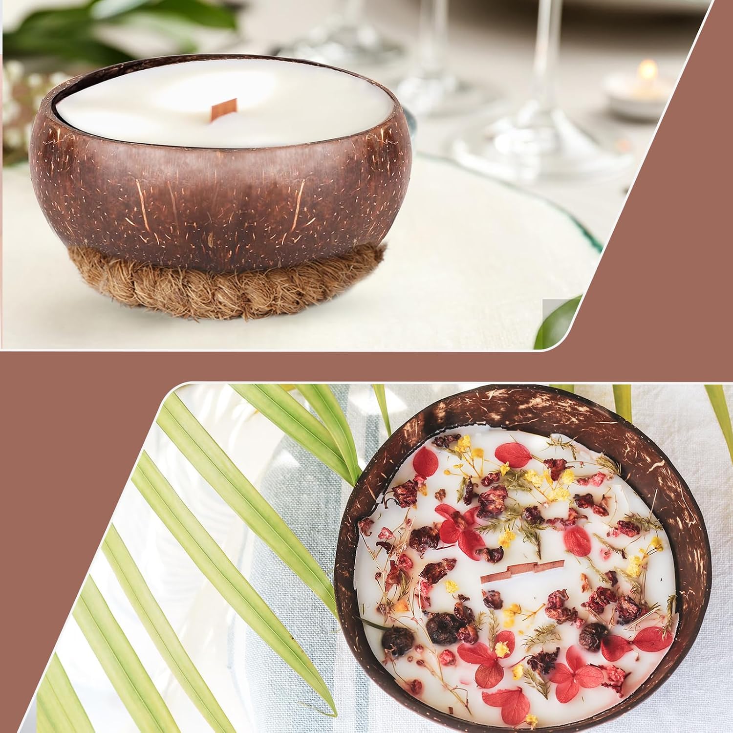 4 PCS Dough Bowl for Candle with Coconut Silk Base, Natural Coconut Shell Bowl Vintage Rustic Farmhouse Decor, Wood Candle Container for DIY Home Crafts Making Farmhouse Table Centerpiece