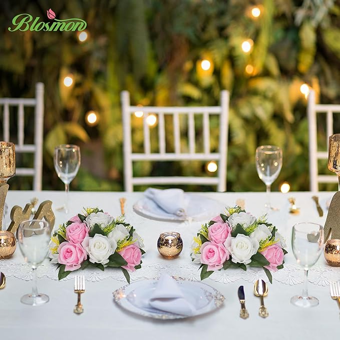 BLOSMON Flower Balls Rose Centerpieces: 6 Pcs 9.5 Inch Pink Fake Flowers Kissing Balls Decor Artificial Wedding Floral Arrangements Silk Flower Bouquet with Base Home Party Room Table DIY Decorations