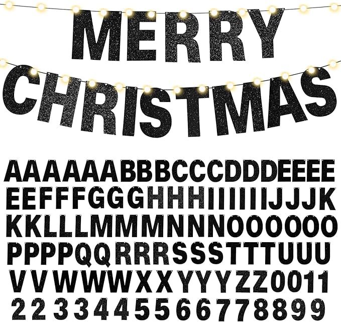 TaoBary 112 Pcs DIY Letter Kit Glitter Customizable Banner Letters Include 107 Letters and Numbers 3 Rope and 2 Needles for Birthday Halloween Christmas Wedding Valentine Party Decor(Black)