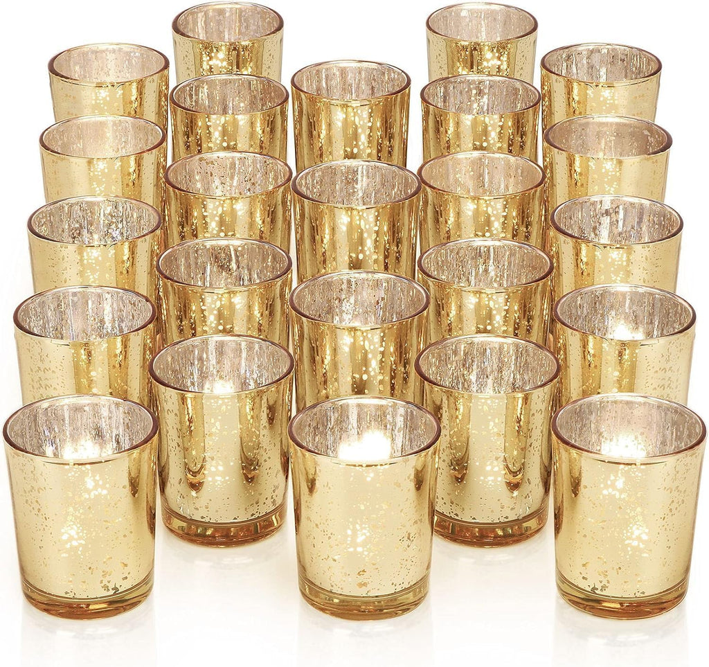 DARJEN 24 Pcs Gold Tea Lights Candles Holders for Wedding Centerpieces | Votive Candle Holders for Party Home Wedding Shower Decorations, Table - Mercury Glass Votives