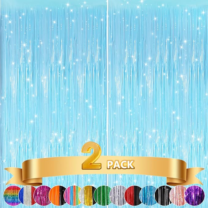 GCB 2Pack Macaron Blue Metallic Tinsel Foil Fringe Curtains, Pastel Blue Door Streamers Photo Booth Backdrop for Birthday Party, Tinsel Curtain Backdrop for Baby Shower Bachelorette Party Decorations