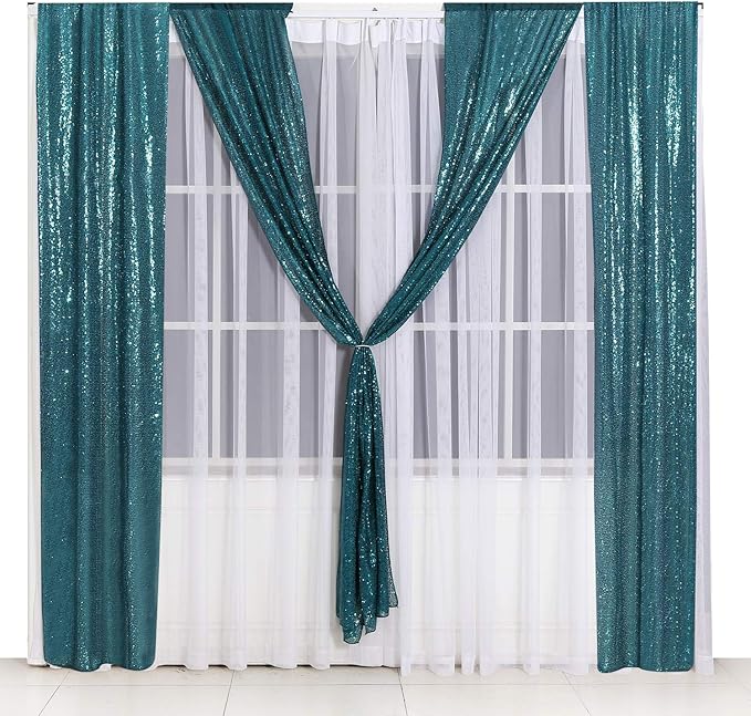 Poise3EHome 2ft x 8ft Teal Sequin Backdrop Curtains 2 Panels for Photography Party Decoration, Teal
