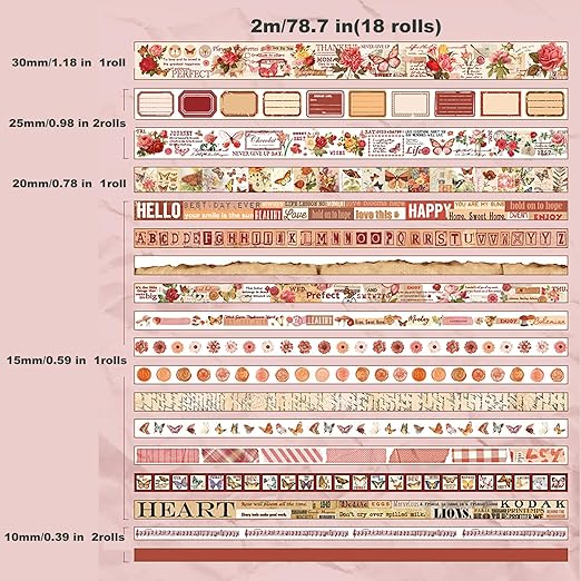18 Rolls Washi Tape Set for Crafts and Journaling DIY Vintage Floral Tape Scrapbooking Supplies washi Tape for journaling Decorative Tape for Crafts