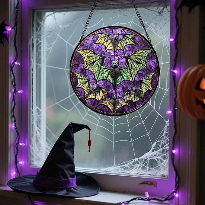 Stained Glass Window Hanging - Halloween Decorations Bats Suncatcher for Doors Garden Indoor Spooky Funny Purple Sun Catchers Gothic Decor Horror Gifts for Women Men Friend 15 in