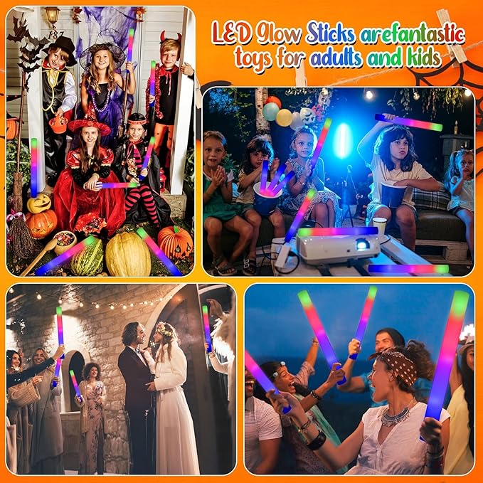 LifBetter 58Pcs Foam Glow Sticks Bulk,Led Glow Sticks with 3 Modes Colorful Flashing,Long Life Battery Glow In The Dark Party Supplies for Weddings,Parties,Festivals,Sporting Events