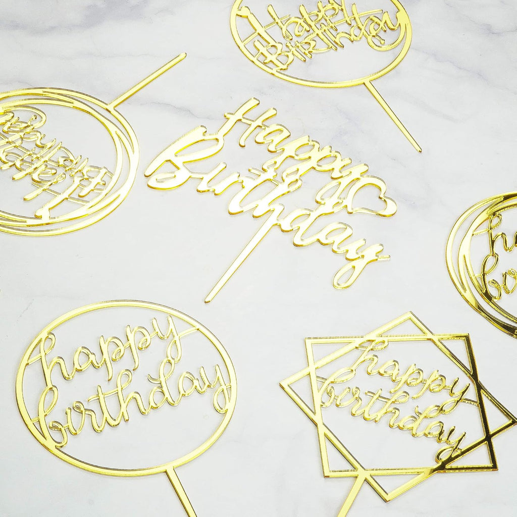 6-Pack Gold Cake Topper Set, Double-Sided Glitter, Acrylic Happy Birthday Cupcake Toppers, Birthday Decorations for Children or Adults.