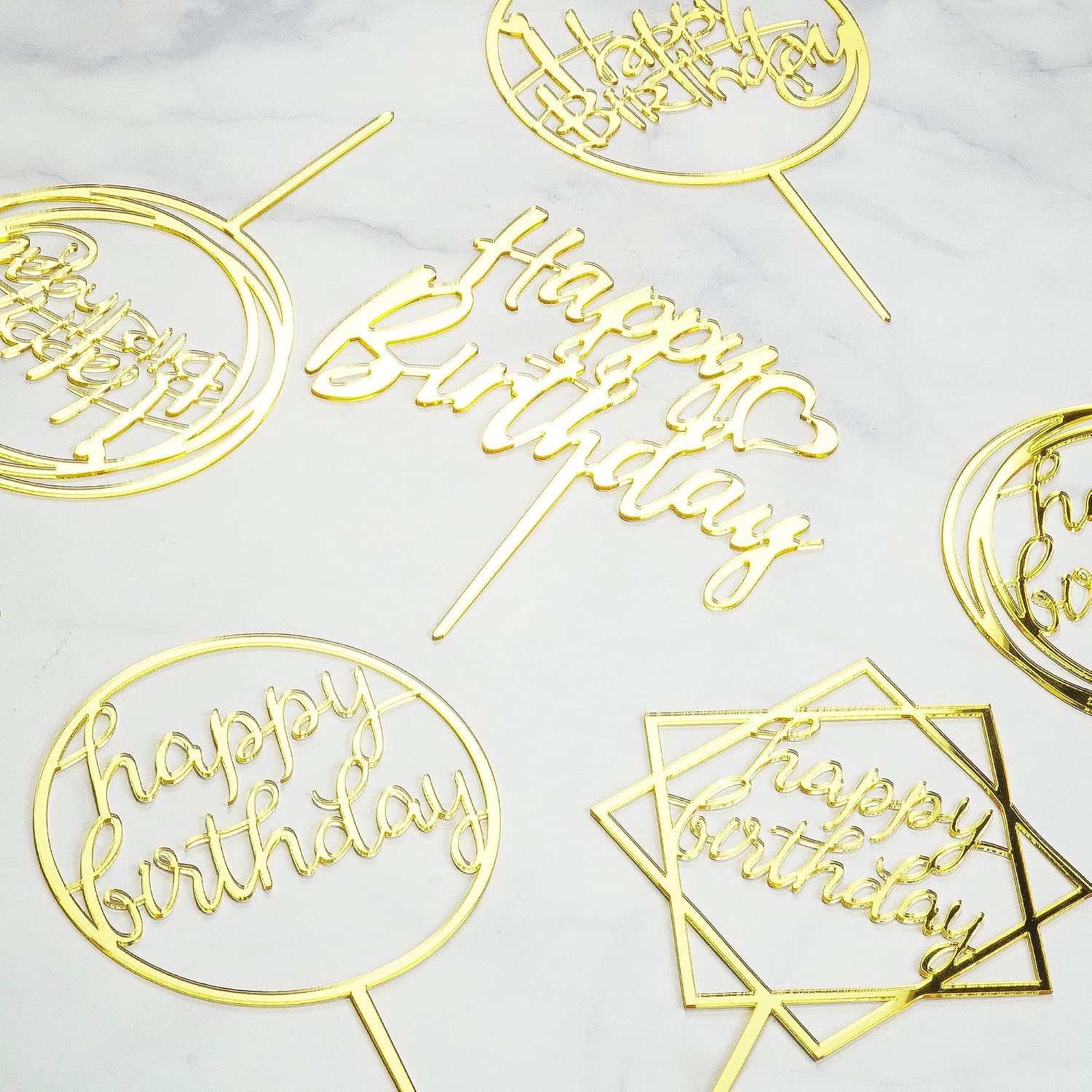6-Pack Gold Cake Topper Set, Double-Sided Glitter, Acrylic Happy Birthday Cupcake Toppers, Birthday Decorations for Children or Adults.