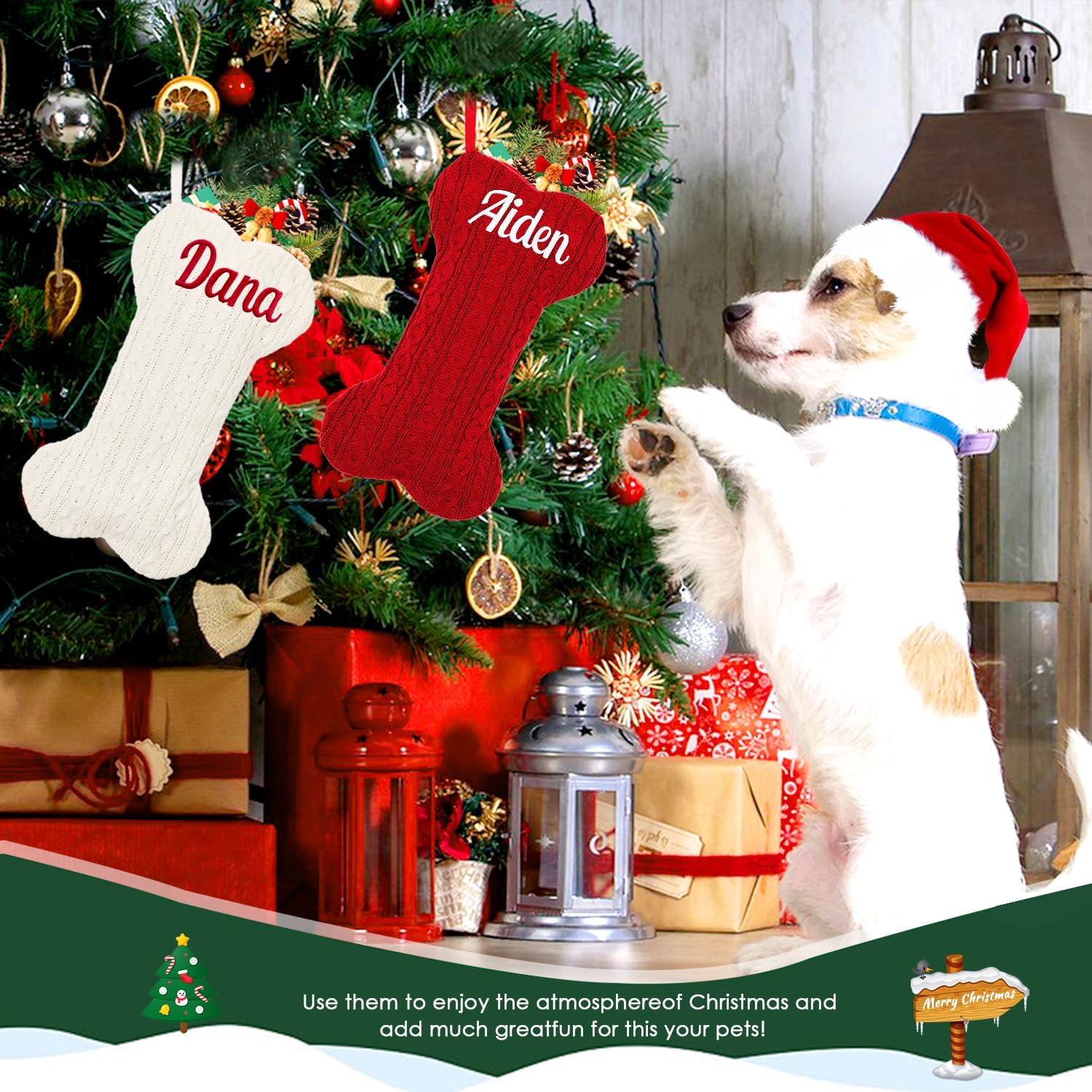 1Pc Personalized Dog Christmas Stockings, Custom Embroidered Name Pet Dog Stockings Christmas, Family Knitted Bone Xmas Stocking with Name for Dogs