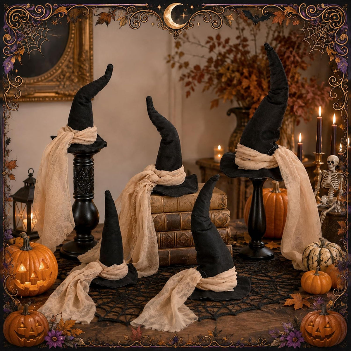 6 Pcs 3 Size Halloween Witch Hat Table Centerpieces with Gauze Ribbon