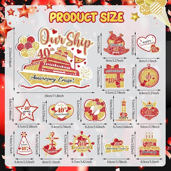 40th Anniversary Cruise Door Magnets Decorations Red Gold Happy 40th Anniversary Cruise Ship Door Decor Magnetic for Married in 1985 Men Women Wedding Party Refrigerator Fridge Car Kitchen Garage