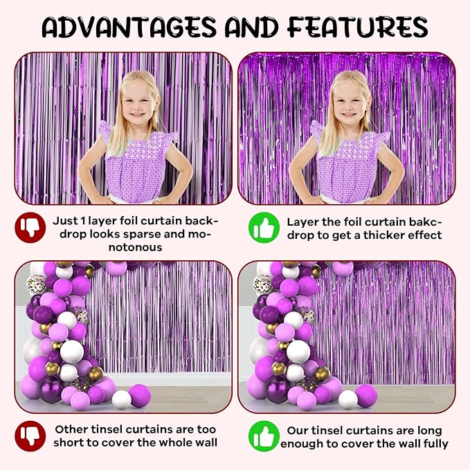 2 Pack Purple Foil Fringe Backdrop Curtains, Tinsel Streamers Birthday Party Decorations, Fringe Backdrop for Graduation, Baby Shower, Gender Reveal, Disco Party
