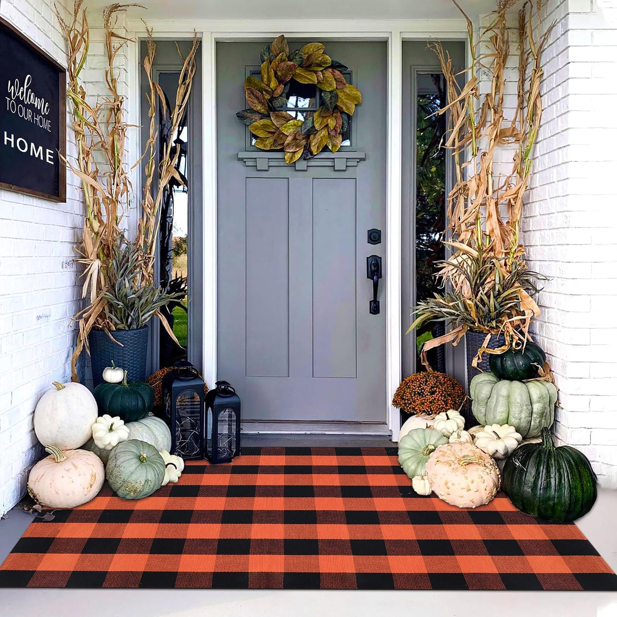 Orange and Black Plaid Rug, 4' x 6' Fall Outdoor Front Door Decor Mat...
