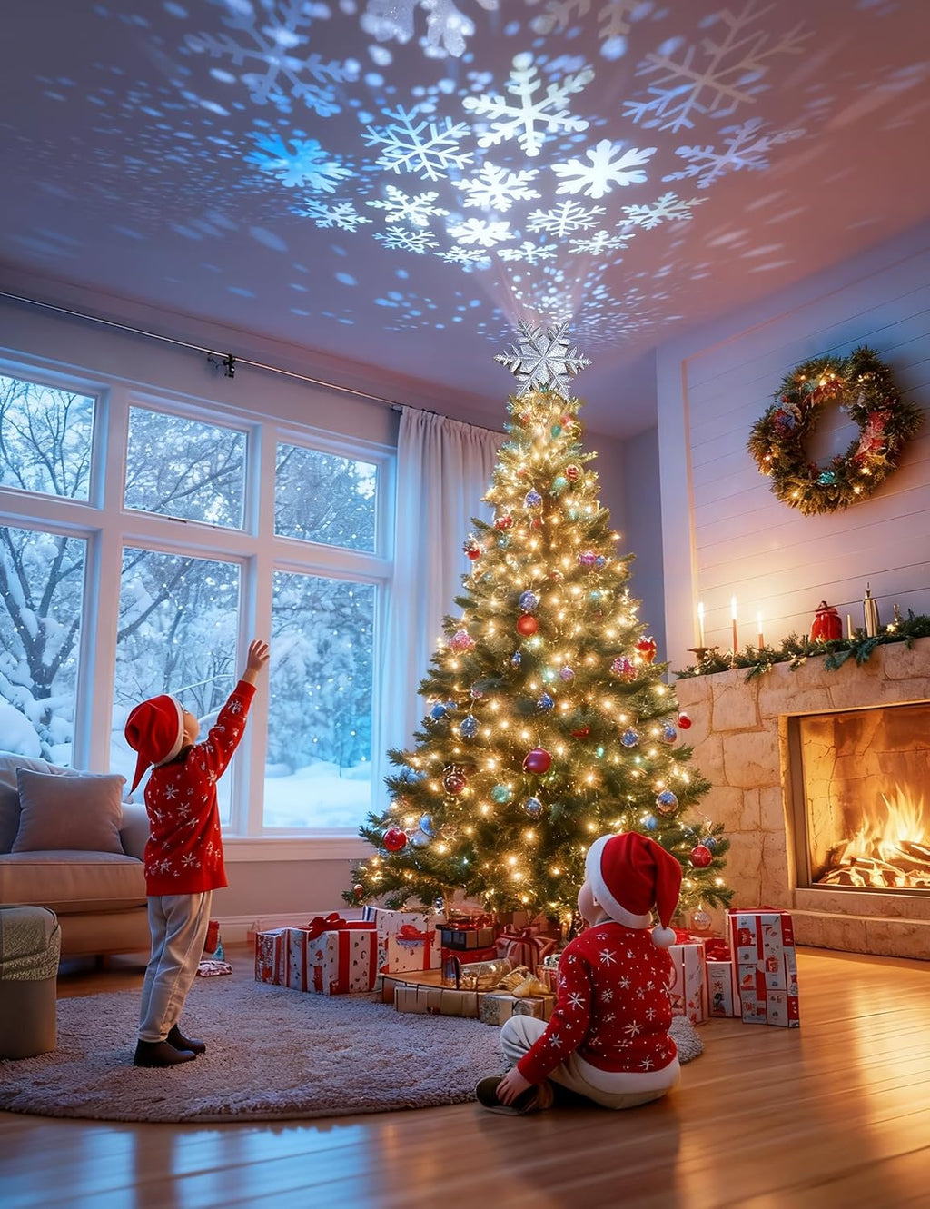 DG-Direct Christmas Tree Topper Lighted with Silver Snowflake Projector, Led Rotating Magic Snowflake, 3D Hollow Glitter Lighted Silver Snow Tree Topper for Christmas Tree Decorations