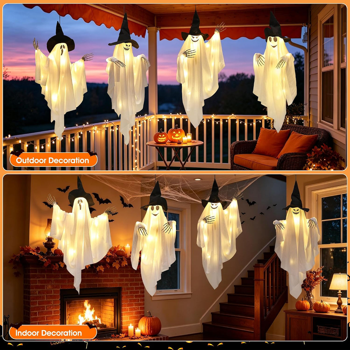 Dusk&Decorum 4 Pack Lighted Hanging Ghost Halloween Decorations with Witc...