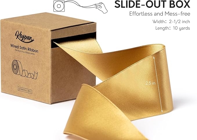 Gold Satin Ribbon Double-Faced Wired Ribbons for Gift Wrapping Flower Bouquet Bows Wedding Invitation Christmas Decor Crafts 2-1/2 Inch 10 Yards