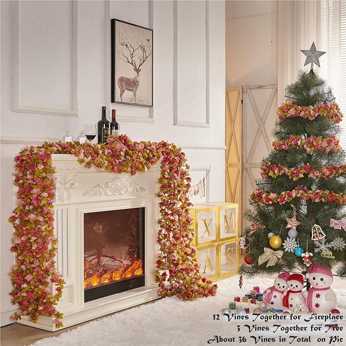 6 Pcs x 8.2 ft Flower Garland Artificial Rose Vine Flowers with Green Leaves Hanging Fake Roses Vine for Room Party Home Wedding Birthday Christmas Wall Arch Decor, Fall Purple Flower