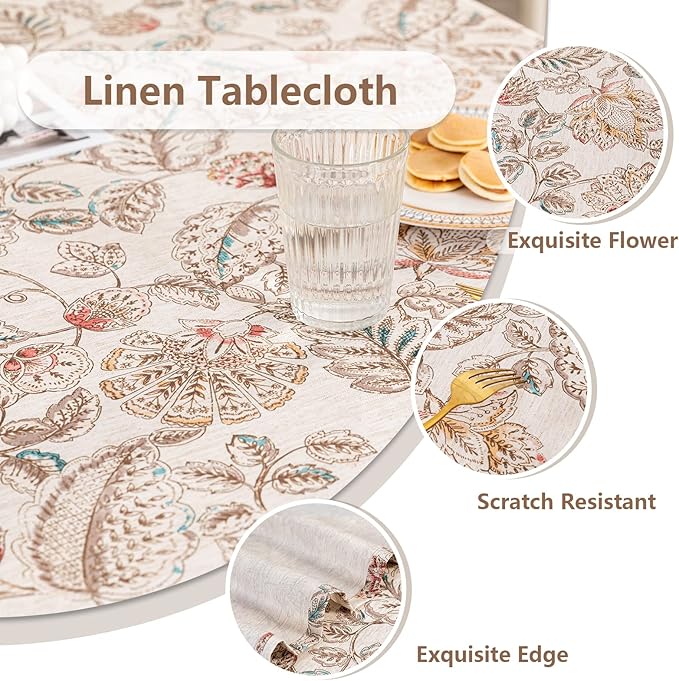 MYSKY HOME Linen Floral Tablecloth Rectangle 60x84 Inch Rustic Tablecloth Spring Summer Waterproof Fabric Table Cover Farmhouse Decoration Oblong for Kitchen, Dining and Outdoor Picnic, Brown