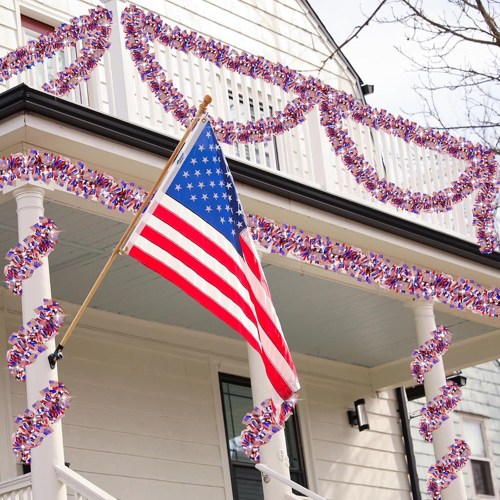 50 FT 4th of July Tinsel Garland Decorations, USA Flag Garlands Patriotic Decor for Memorial Day Independence Day 4th of July Indoor Outdoor Home Porch Red White and Blue Decor Supplies