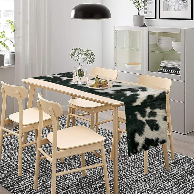 Cow Skin Print Table Runner, Rustic Country Farm Fur Skin Cowhide Pattern Western Style Black White Print Table Runner for Home Kitchen Dinning, 13x90 Inch