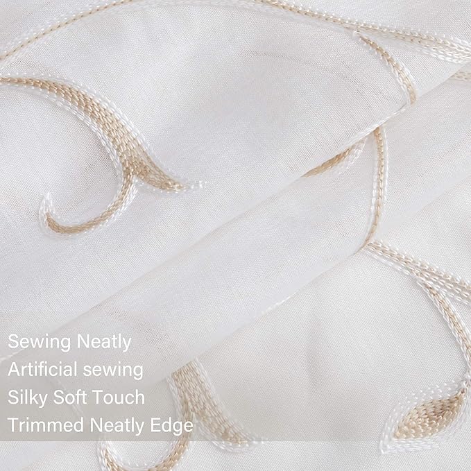 VISIONTEX White Sheer Voile Curtains, Decorative Beige Leaves Embroidery Faux Linen Rod Pocket Window Drapes for Home Kitchen, Living Room and Bedroom 54 x 95 Inch, Set of 2 Curtain Panels