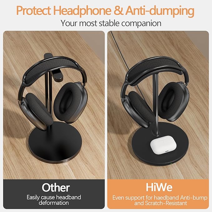 Headphone Stand with Wireless Charger, Gaming Headset Holder Hanger Rack 2 IN 1 Wireless Charging Station Dock for iPhone 15/14/13/12/11 Series, Samsung, AirPods Pro/3/2 and Desk All Headphones, Black