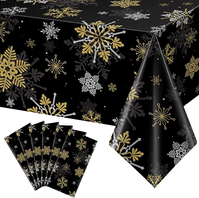 6Pcs Christmas Snowflake Party Tablecloths Decorations,Plastic Black and Gold Table Cloth,Winter Rectangle Table Cover for Christmas New Year Birthday Baby Shower Holiday Party Decorations,54x108 inch