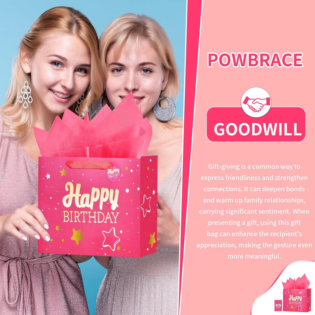 Powbrace 13" Pink Happy Birthday Gift Bag with Tissue Paper and Greeting Card for Party,Happy Birthday Gift Bag for Men Women,Gift Bags Medium size(1 PCS Pink Hot Stamping)