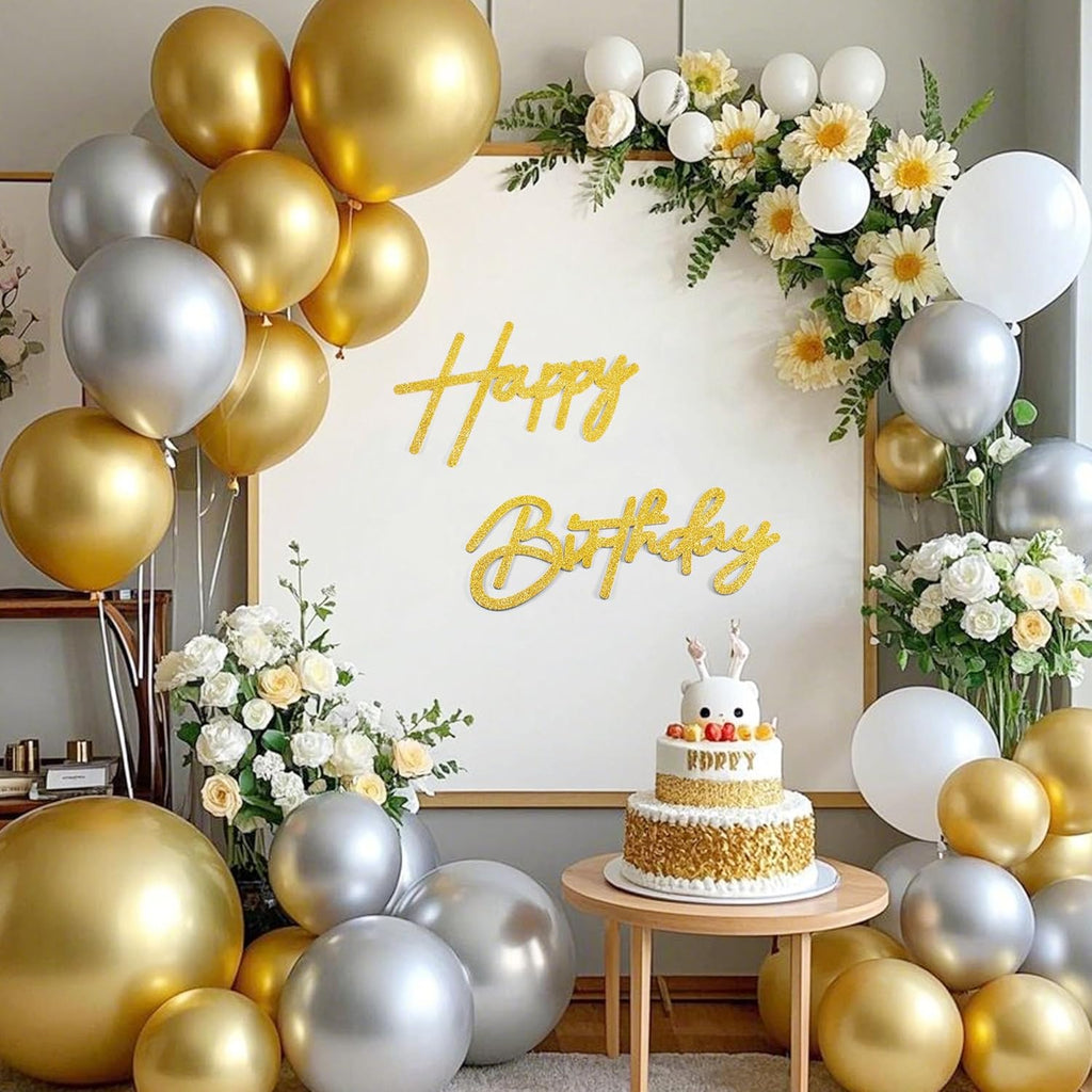 CANREVEL Happy Birthday Sign for Backdrop, Glitter Felt Gold Happy Birthday Banner, Golden Birthday Party Decorations for Girl Boy Women Men, Wall Decor Balloon Arch Photo Prop