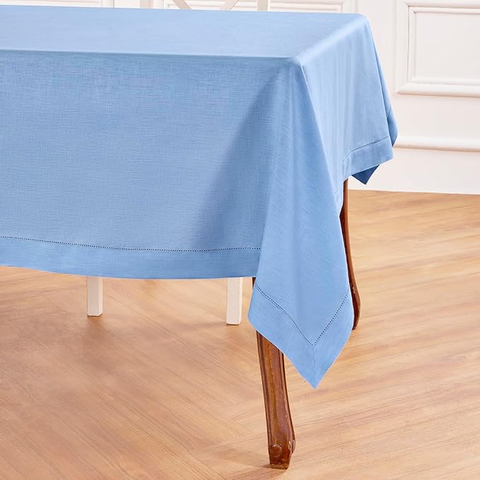 Solino Home Cornflower Blue Linen Tablecloth 60 x 108 Inch - 100% Pure Linen Hemstitch Table Cloth for Rectangle Tables - Classic Hemstitch, Machine Washable Tablecloth for Christmas, Holiday