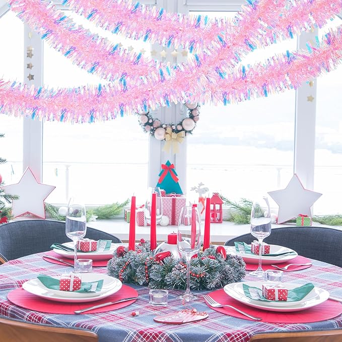 72 Feet Christmas Tinsel Garland Shiny Metallic Tinsel Twist Garland Streamers Ornaments Long Glitter Christmas Tree Hanging Decorations for Party Holiday Wedding Birthday Tree Wall Rail (Pink)